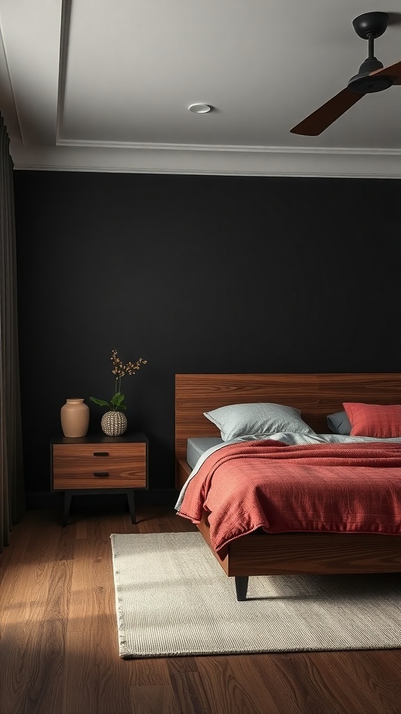 A cozy bedroom with dark wood furniture against a black wall.