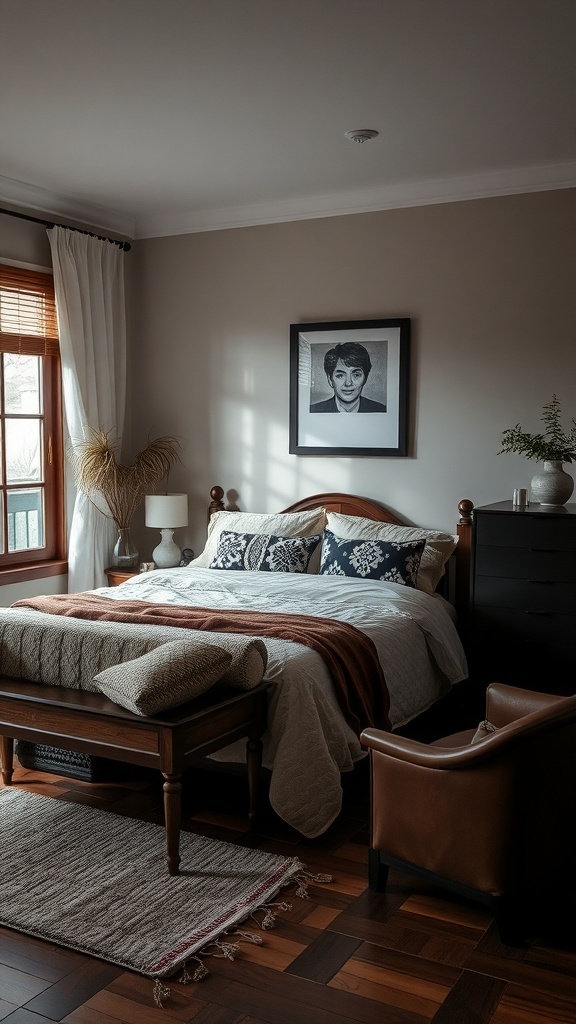 A cozy bedroom featuring dark wood furniture accents, soft bedding, and warm lighting.