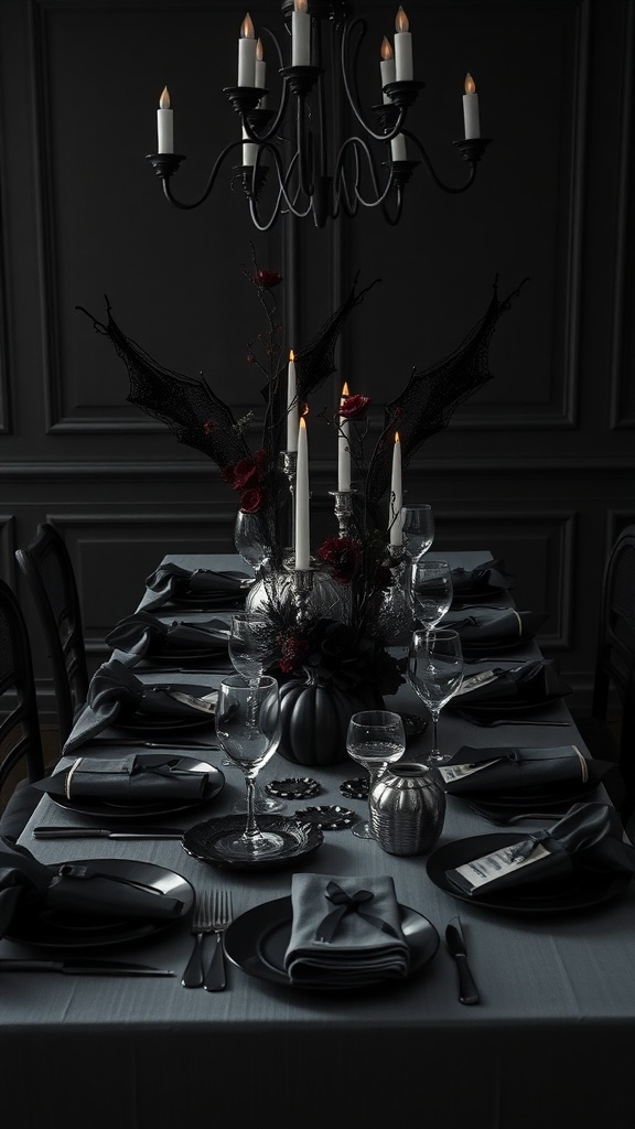 A darkly themed Halloween tablescape featuring a black pumpkin, candles, and elegant table settings.
