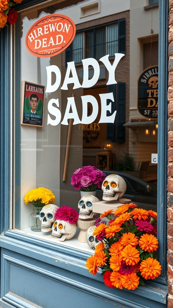 A colorful window display featuring sugar skulls and marigold flowers for Day of the Dead celebration.
