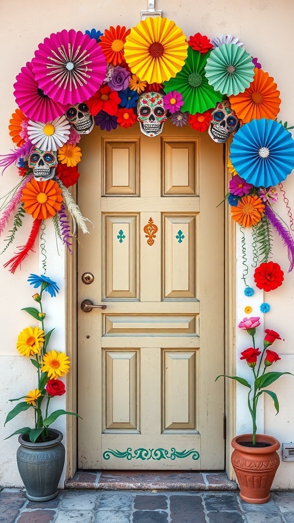 A door decorated for the Day of the Dead celebration with colorful flowers and skulls.