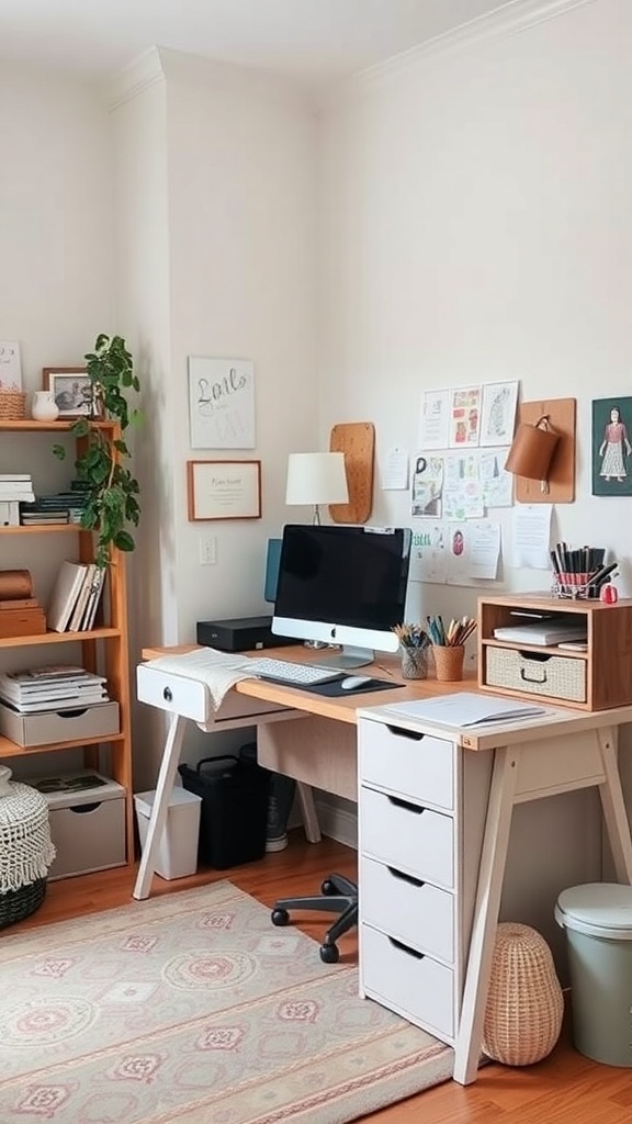 A tidy home office with a wooden desk, computer, and organized shelves.