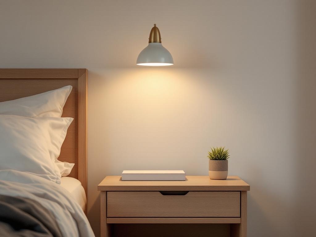 A minimalist nightstand with a lamp, a small plant, and a book