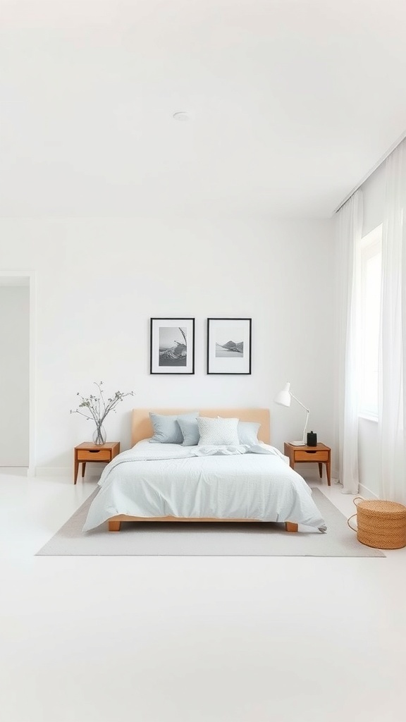 A minimalist bedroom with a light color palette, simple furniture, and minimal decor.