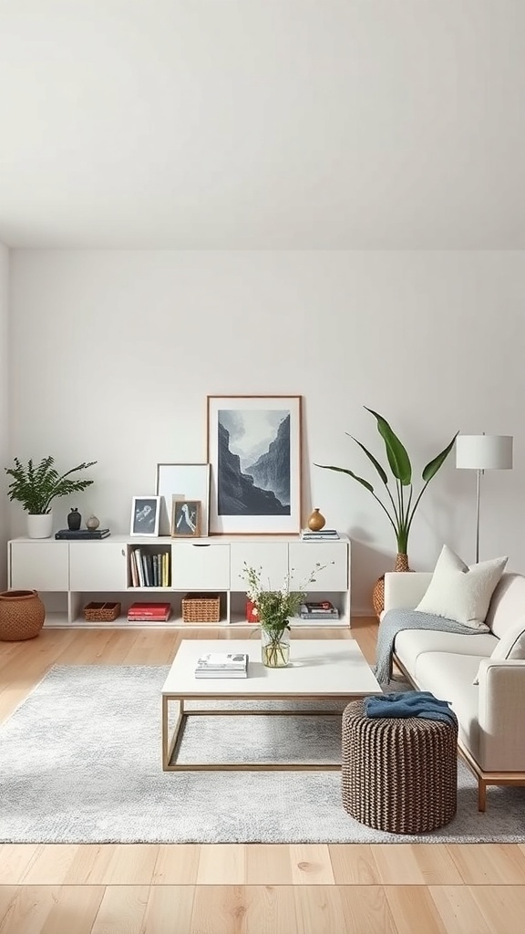 A minimalist living room with a white sofa, a coffee table, and a few decorative items.