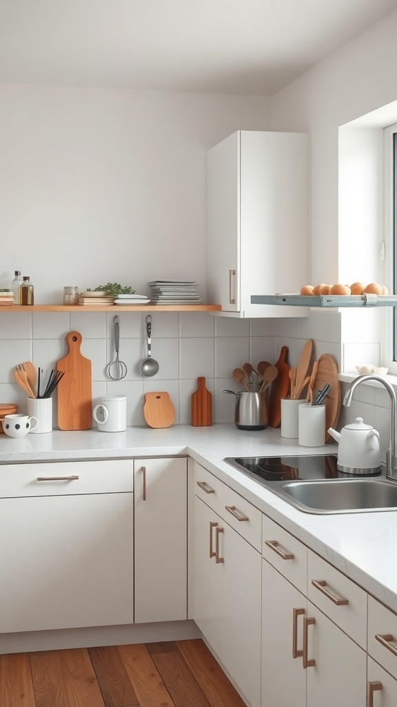 A minimalist kitchen with white cabinets, wooden utensils, and a clean countertop.