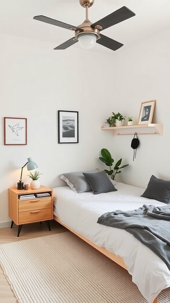 A serene bedroom with neutral colors, a cozy bed, and a tidy workspace.