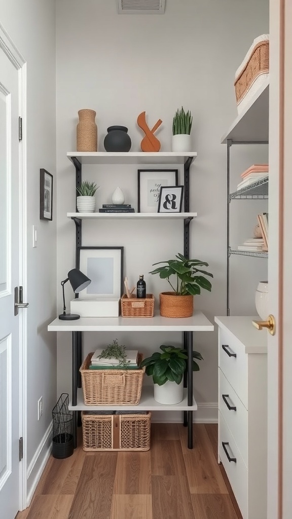 A well-organized shelf in a small space featuring plants, decorative items, and storage baskets.