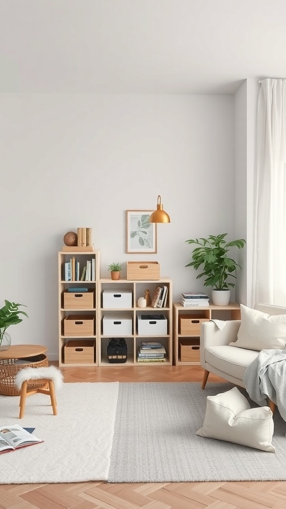 A cozy small living space with organized shelves, plants, and a comfortable chair.