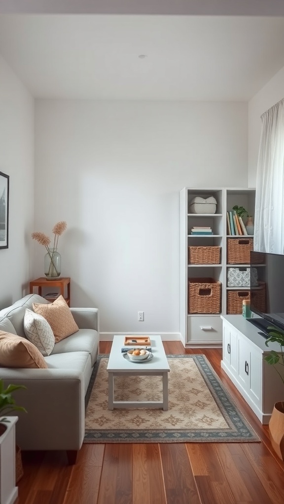 A cozy small living room with a light color scheme, featuring a comfortable sofa, a coffee table, and organized storage solutions.