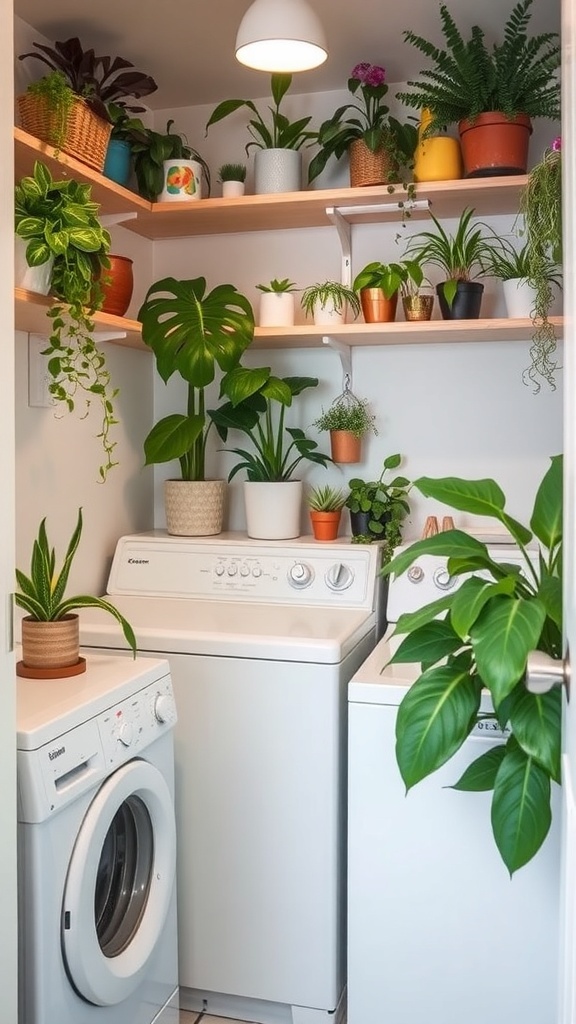 A small laundry room with white appliances and various indoor plants on shelves and around the space.