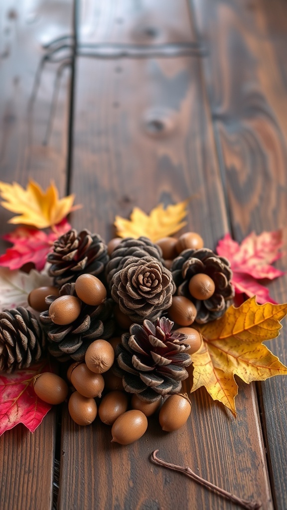 A cozy arrangement of pinecones, acorns, and autumn leaves on a wooden surface.