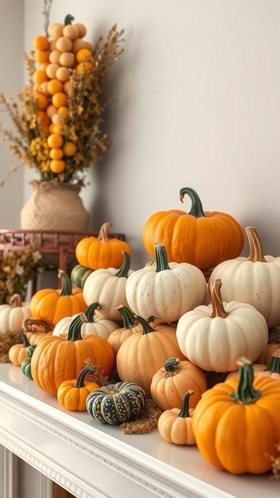 A decorative display of various pumpkins and gourds on a mantel, showcasing fall colors and textures.