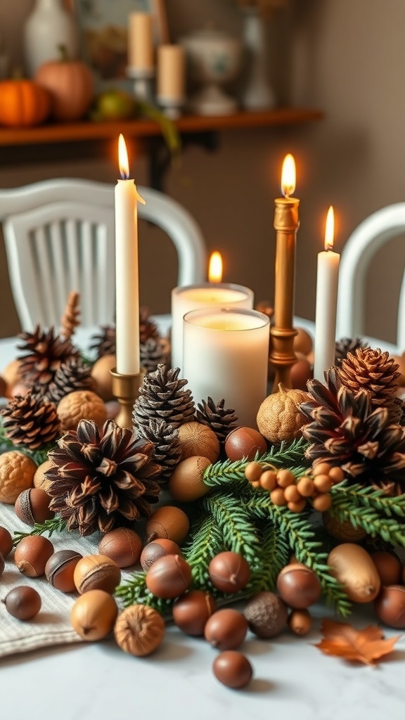 A beautiful arrangement of acorns and pinecones with candles, showcasing fall decor.