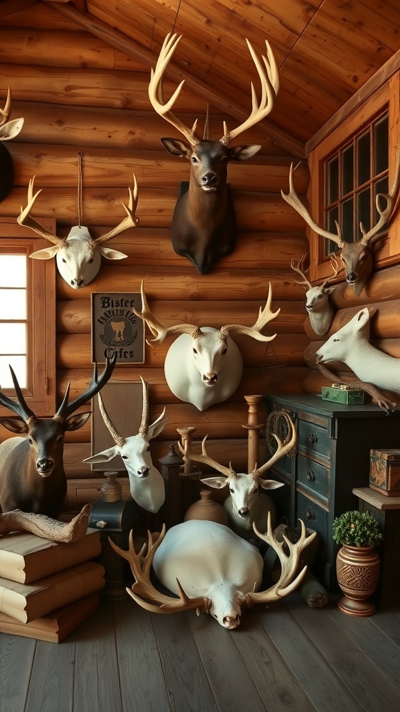 A cozy cabin interior featuring decorative antlers and taxidermy on wooden walls.