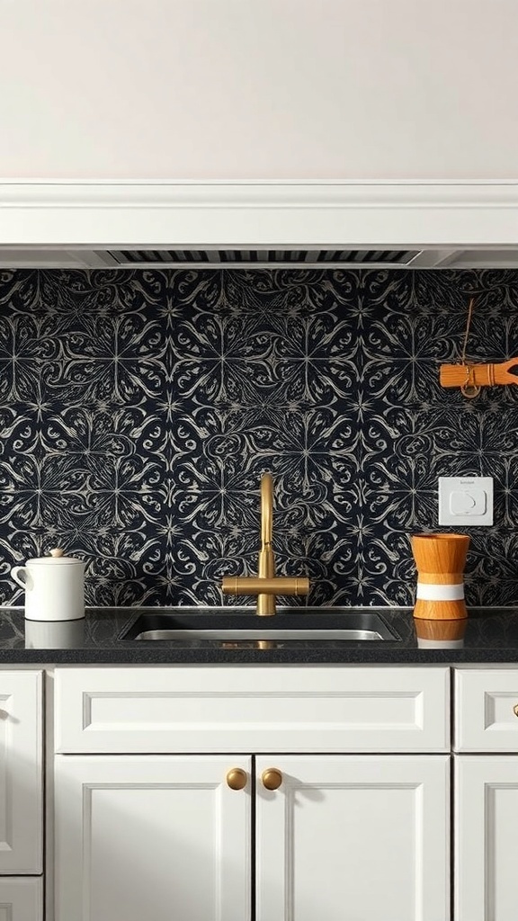 A stylish black farmhouse kitchen with a decorative backsplash featuring intricate patterns.