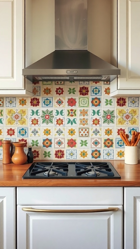 A farmhouse kitchen with a decorative backsplash featuring vintage tiles in various colors and patterns.