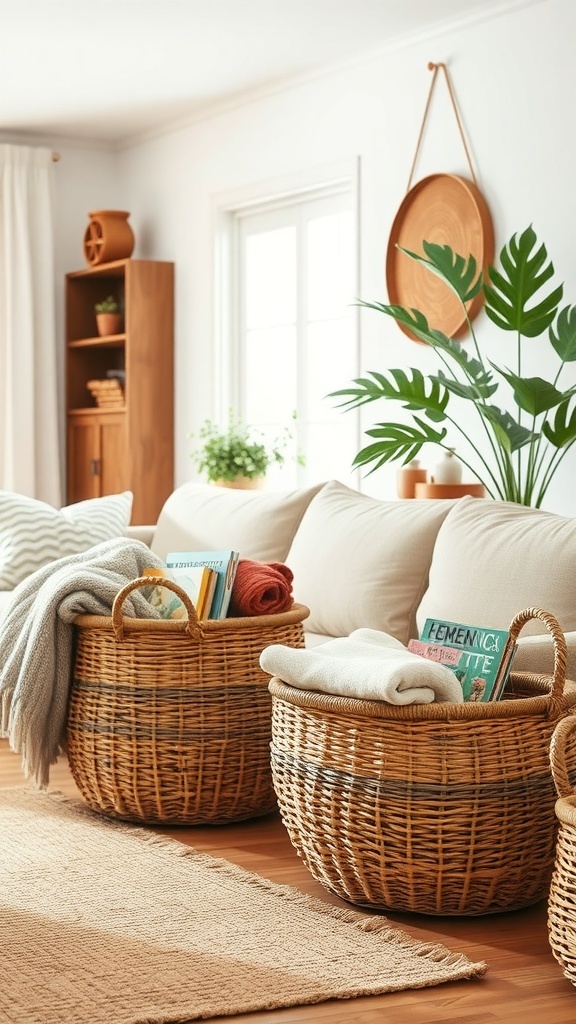 Two decorative woven baskets filled with blankets and books, placed beside a couch in a cozy living room.