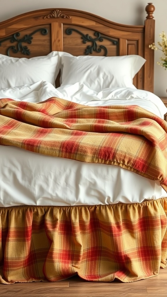 A cozy bed with a plaid blanket and decorative bed skirt, showcasing fall bedding.