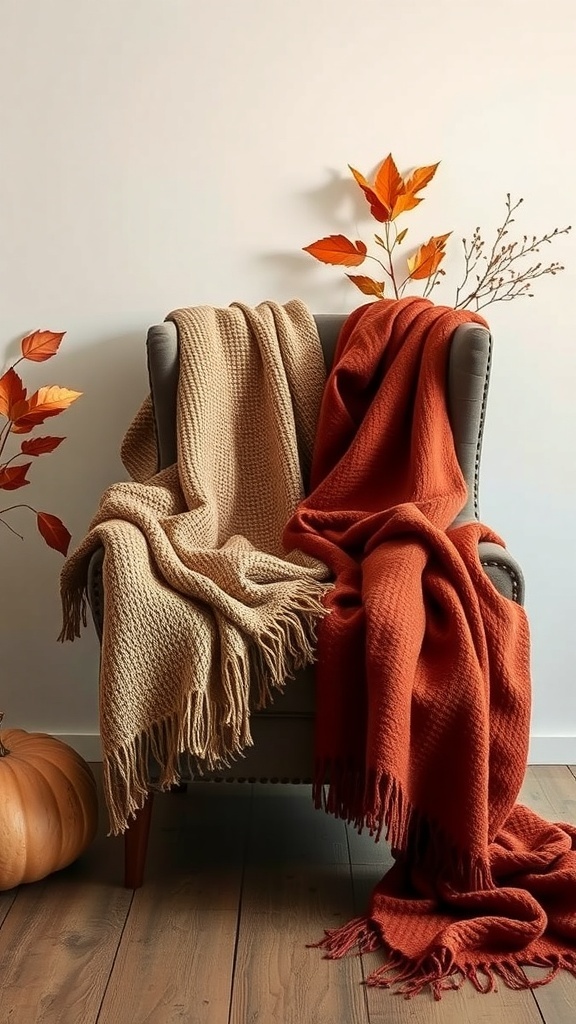 A cozy chair with a beige and an orange decorative blanket draped over it, surrounded by autumn leaves and a pumpkin.
