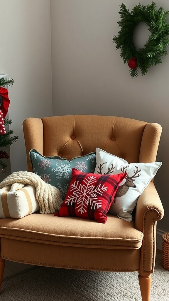 A cozy chair with decorative Christmas throw pillows featuring snowflakes, reindeer, and holiday colors.