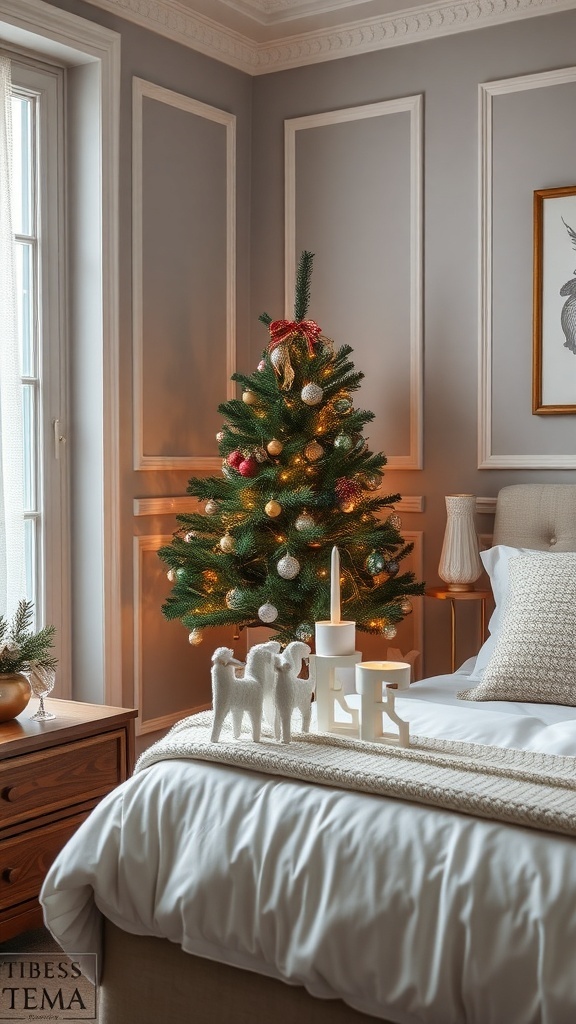 A small decorative Christmas tree in a cozy bedroom setting.