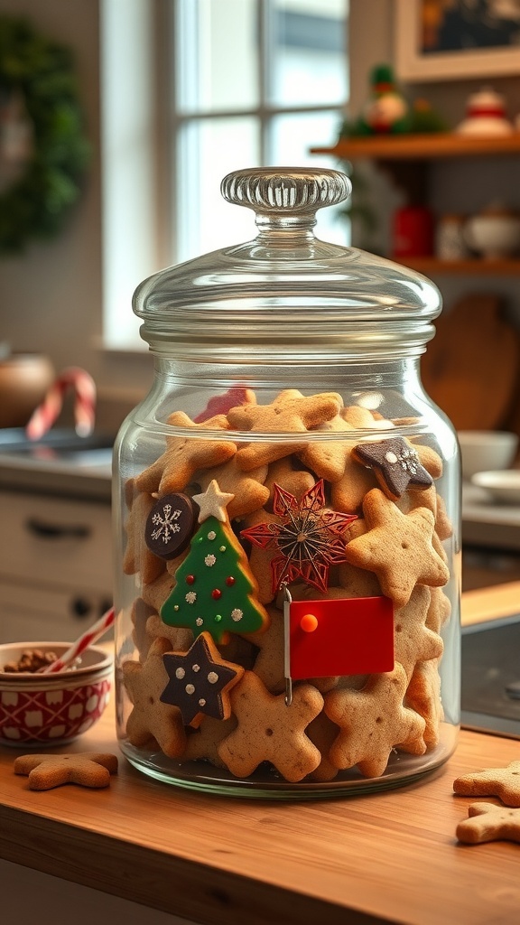 A glass cookie jar filled with star-shaped cookies decorated for Christmas.