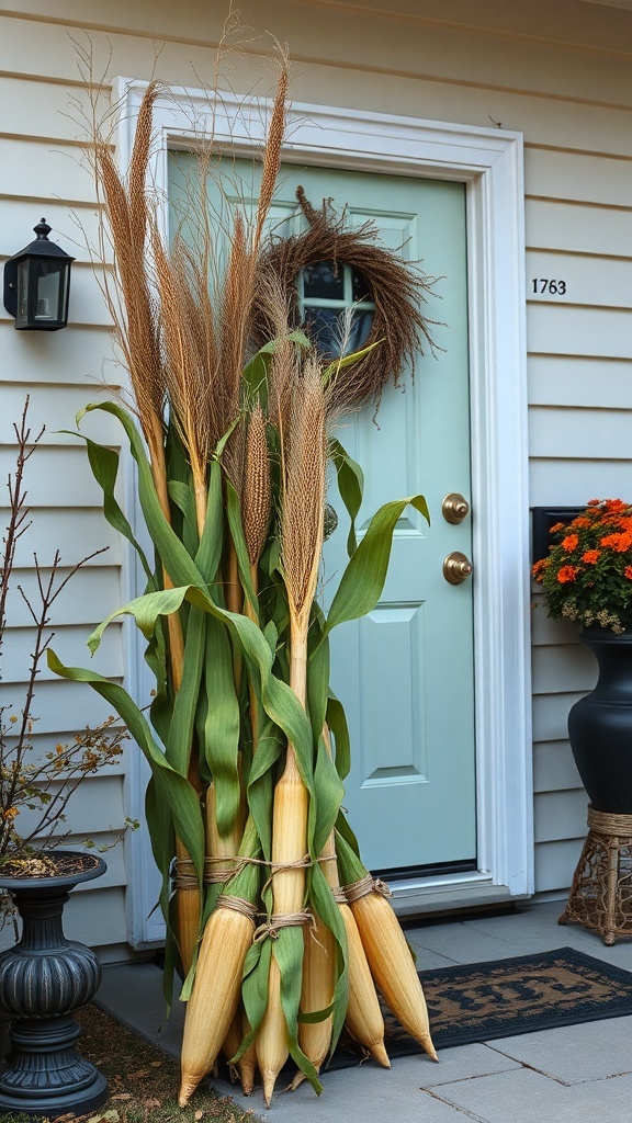 Decorative corn stalks tied together, placed beside a front door with a light blue door and fall flowers.