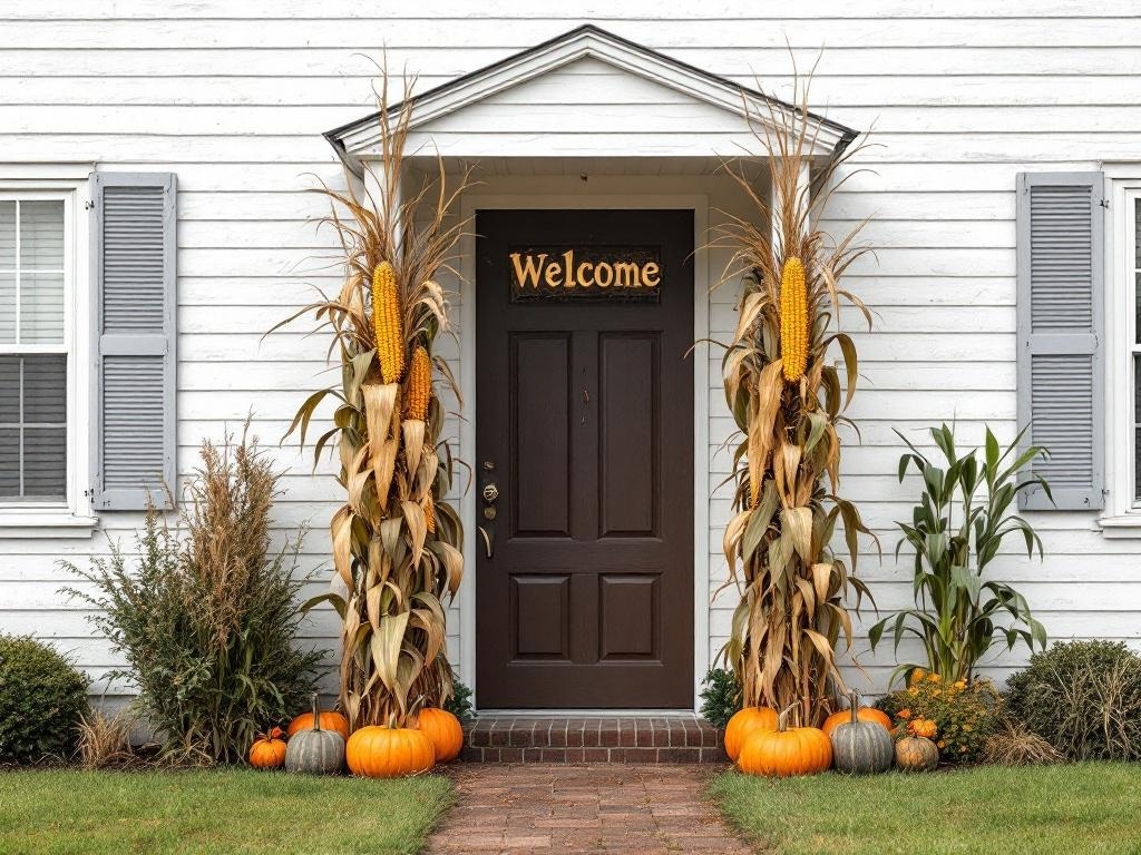 Decorative cornstalks and pumpkins flanking a front door