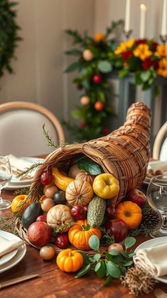 A decorative cornucopia filled with colorful fruits and vegetables, set on a wooden table with elegant table settings.