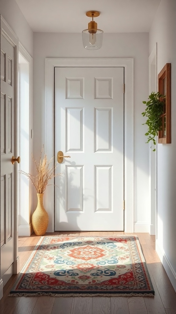 A decorative entryway rug in a bright hallway with a door and a potted plant.