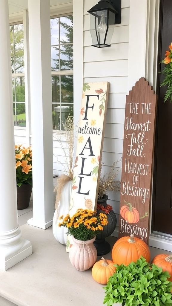 A fall-themed front porch with decorative signs, flowers, and a wreath.