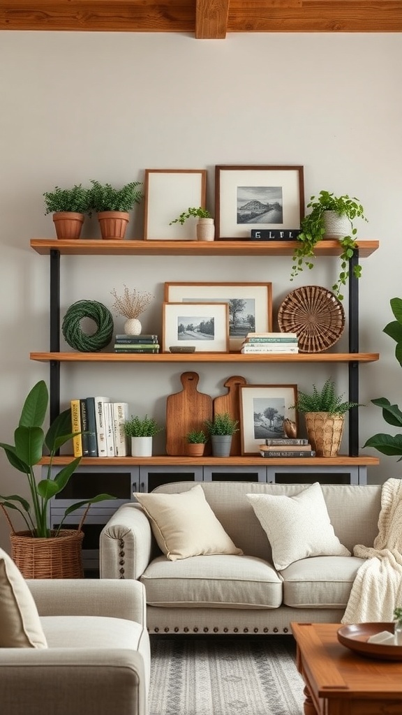 Decorative farmhouse shelves with plants, pictures, and wooden accents in a living room.