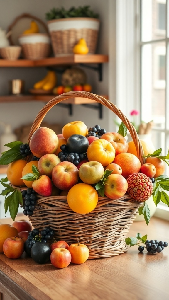 A decorative fruit basket filled with various fruits on a kitchen counter.