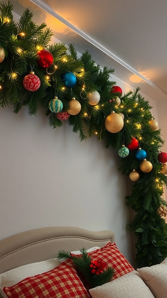 A beautifully decorated garland with ornaments and lights hanging above a bed.