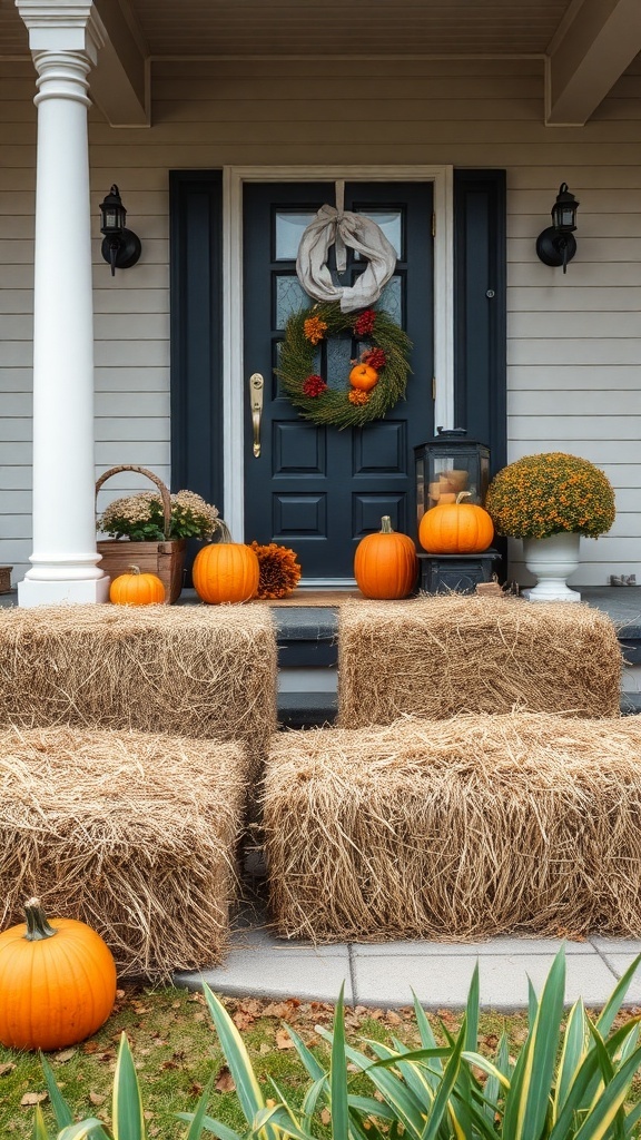 A fall porch decorated with hay bales, pumpkins, and a wreath on the door.