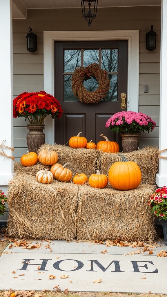 A fall porch decorated with hay bales, pumpkins, and colorful flowers.