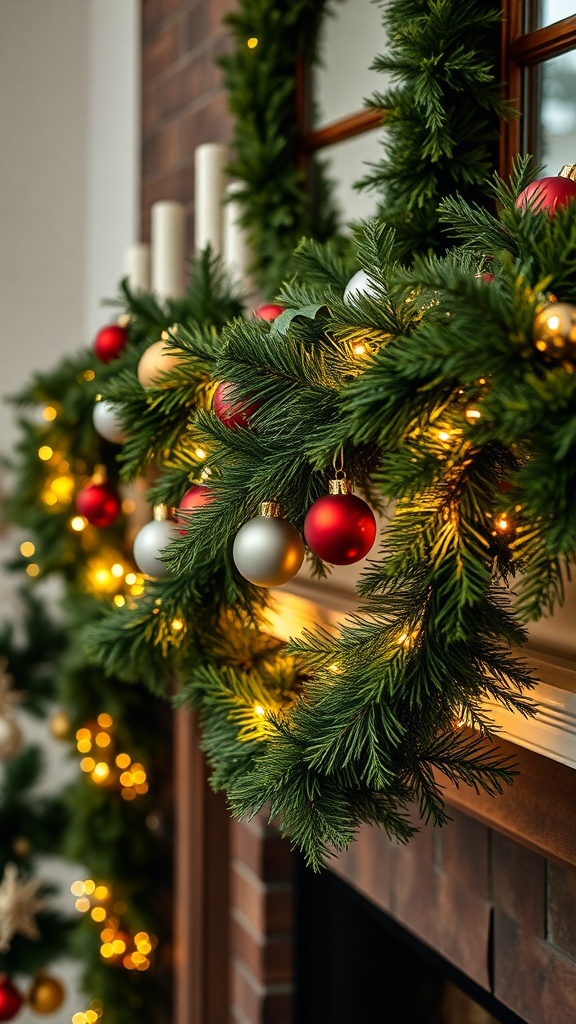 A beautifully decorated garland with red and silver ornaments, draped over a fireplace.