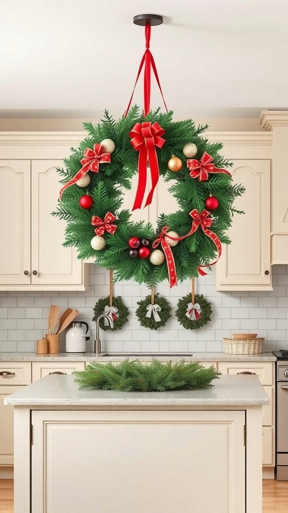 A decorative holiday wreath hanging above a kitchen island, adorned with red bows and ornaments.