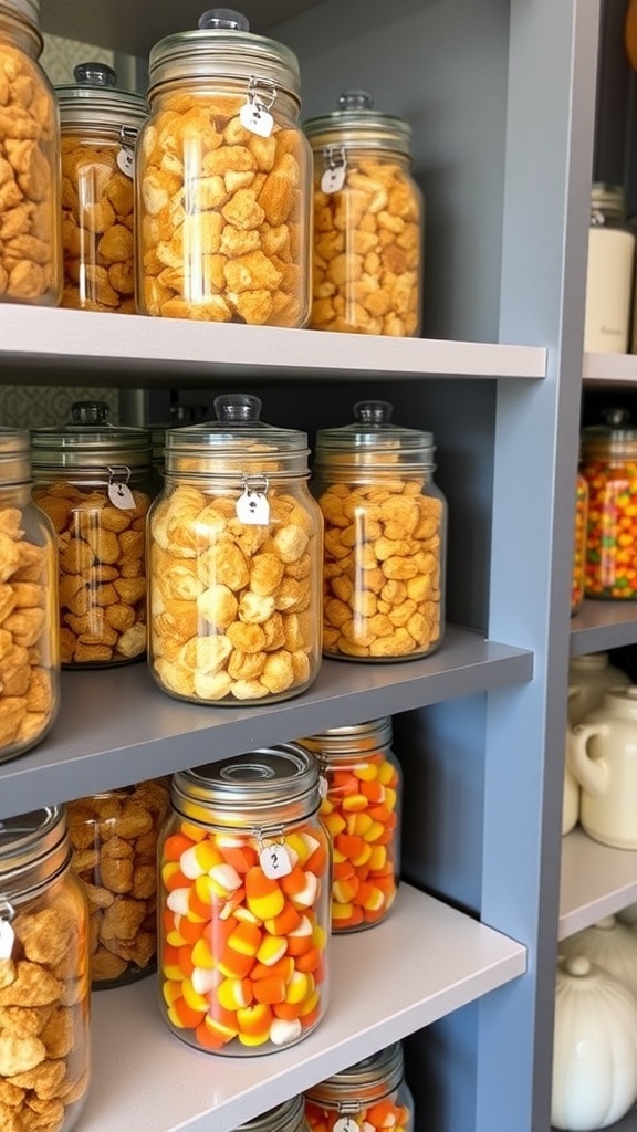 Decorative jars filled with fall treats, including caramel popcorn and candy corn, arranged on a shelf with a 'FALL' sign.