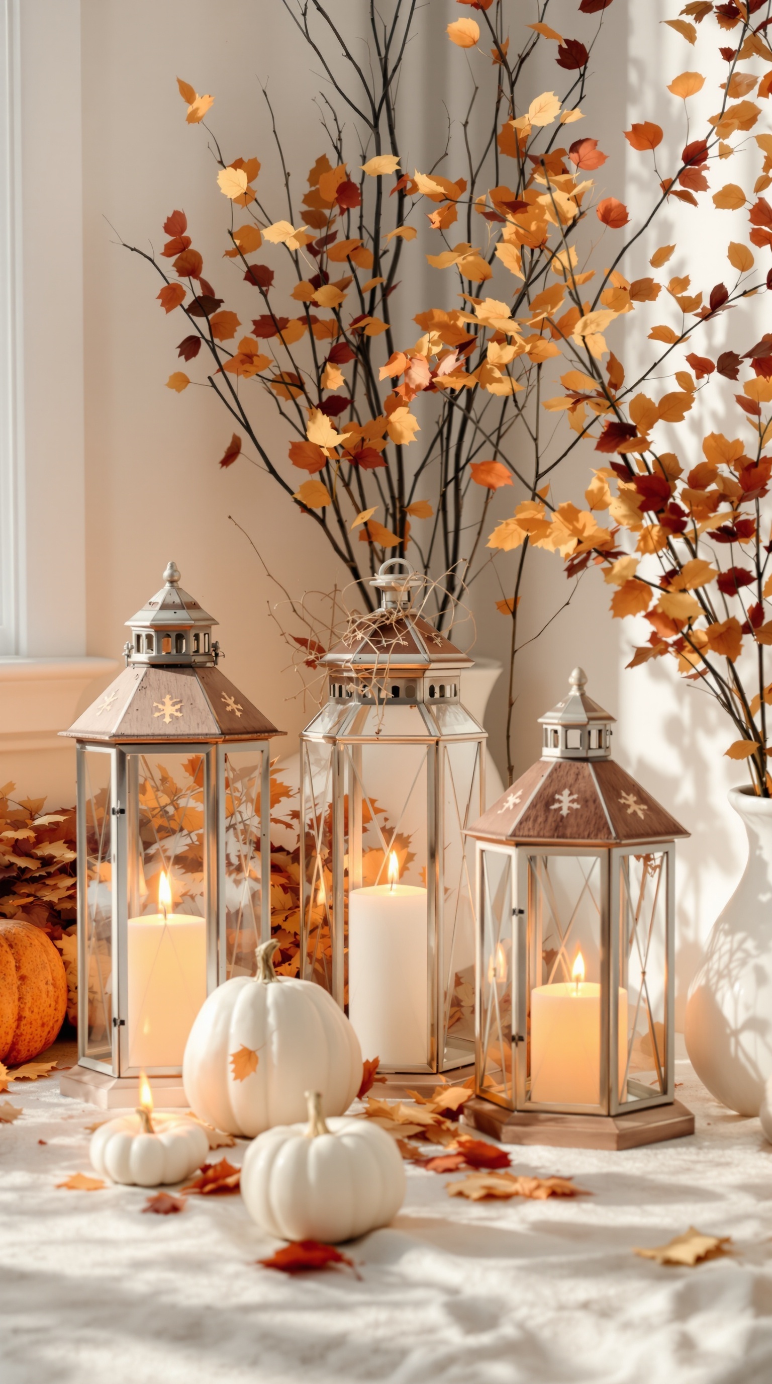 Decorative lanterns surrounded by autumn leaves and white pumpkins