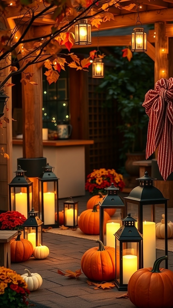 A cozy outdoor setting with decorative lanterns, pumpkins, and autumn flowers.