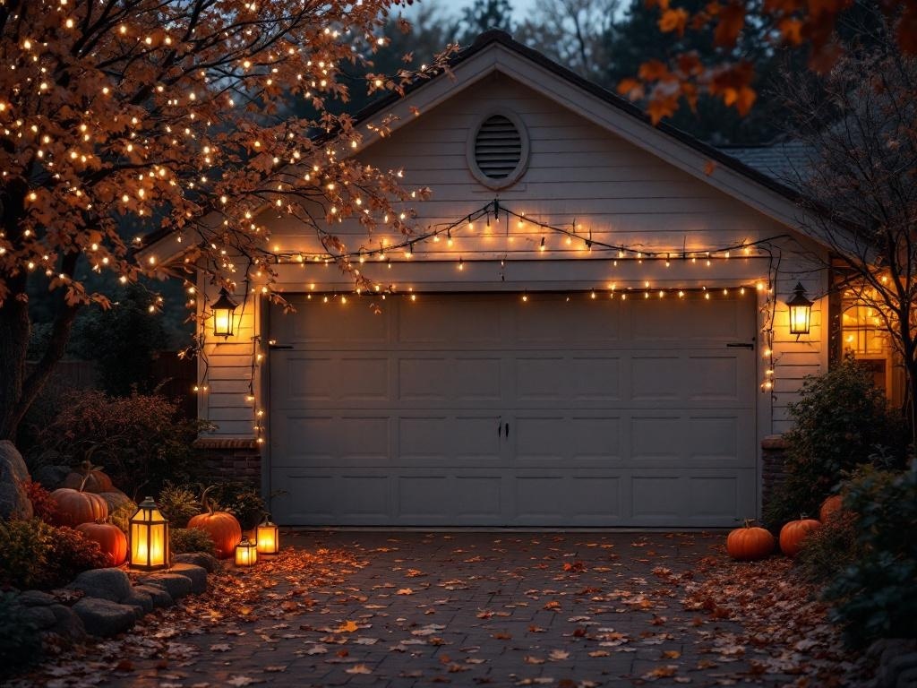 A garage decorated with string lights and lanterns for Thanksgiving, surrounded by pumpkins and autumn leaves.