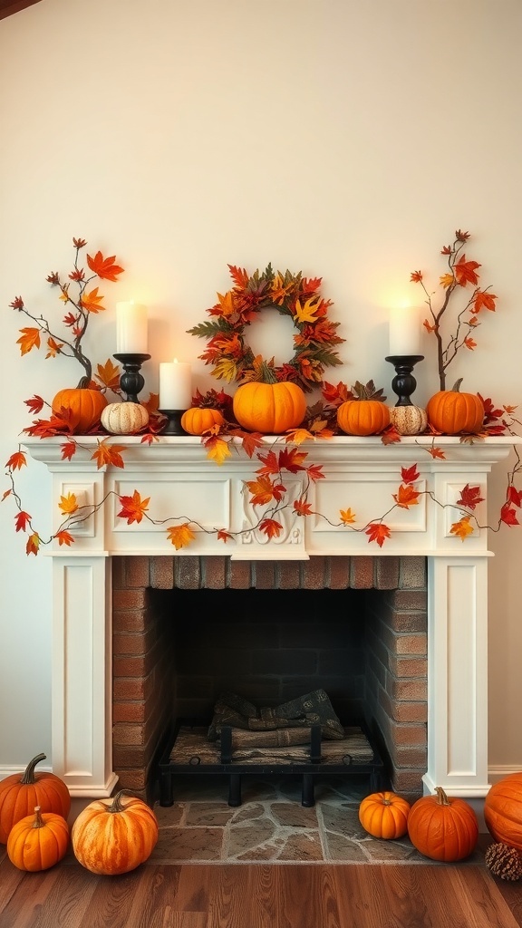 A cozy autumn fireplace mantel decorated with pumpkins, leaves, and candles.