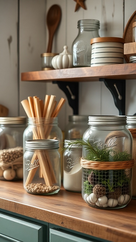 Decorative mason jars filled with various kitchen items on a wooden shelf.