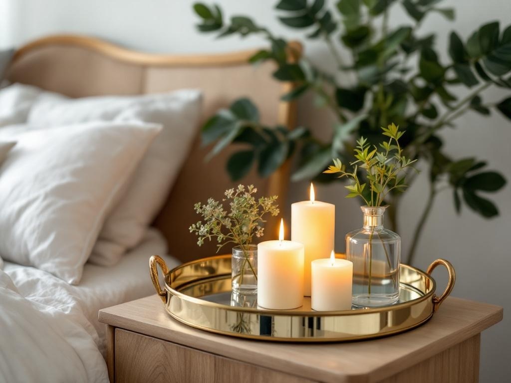 A decorative gold mirror tray with candles and plants on a nightstand next to a bed.