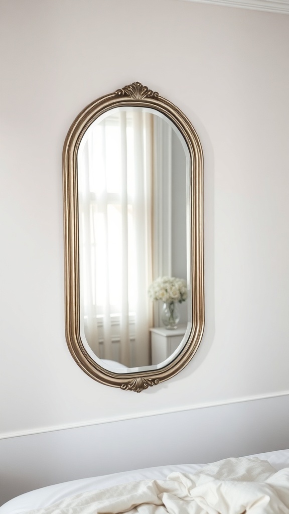 A decorative mirror with a gold frame hanging on a wall, reflecting light in a cozy bedroom.
