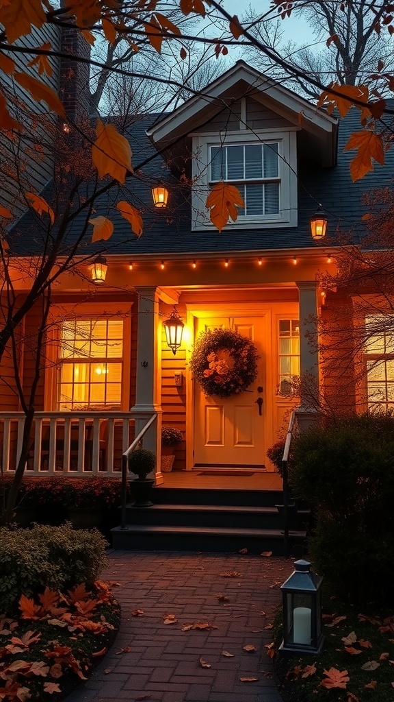 A cozy house exterior with warm outdoor lighting and autumn leaves.