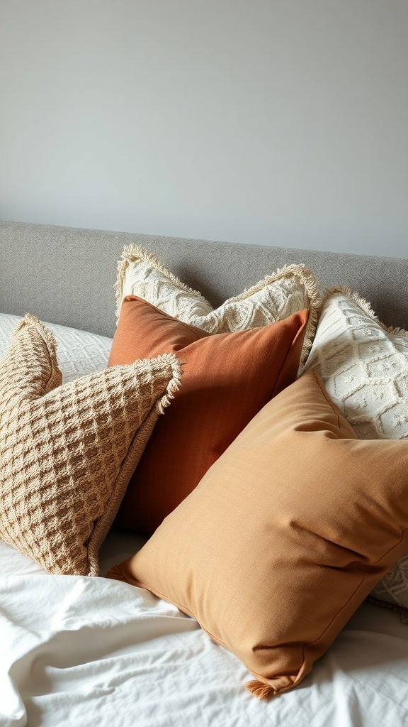 A cozy arrangement of decorative pillows in warm tones on a bed.