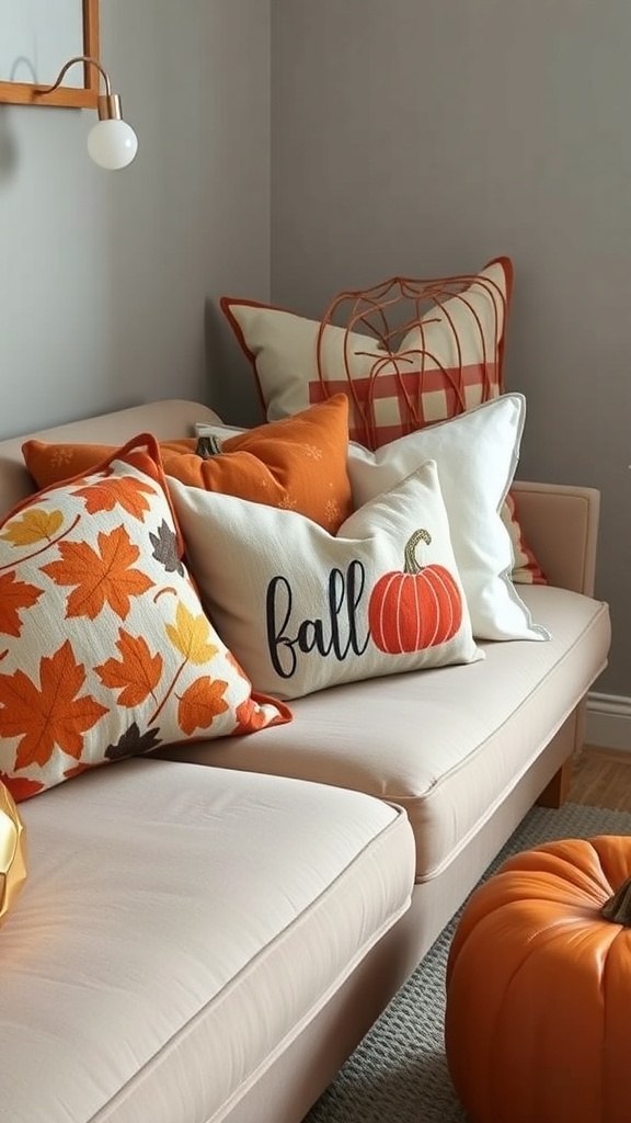 A cozy sofa adorned with decorative pillows featuring fall themes like pumpkins and autumn leaves.